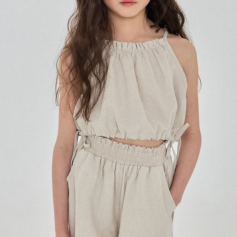 Girls Linen Balloon Halter Top and Wide Pants Set (3 - 6y) - Beige kids outfit