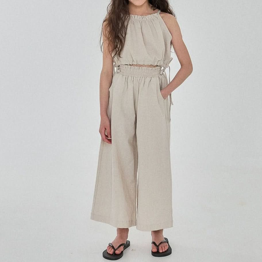 Girls Linen Balloon Halter Top and Wide Pants Set (3 - 6y) - Beige kids outfit