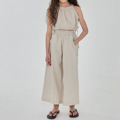 Girls Linen Balloon Halter Top and Wide Pants Set (3 - 6y) - Beige kids outfit