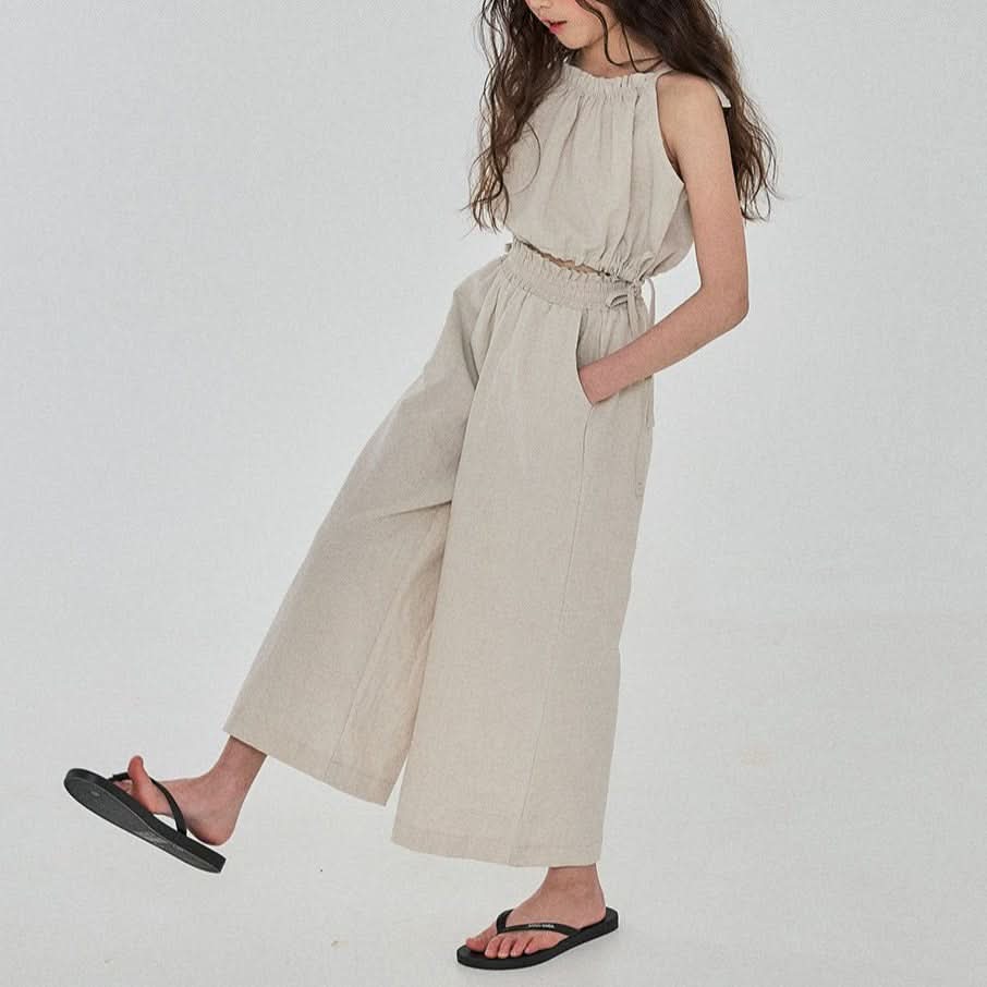 Girls Linen Balloon Halter Top and Wide Pants Set (3 - 6y) - Beige kids outfit