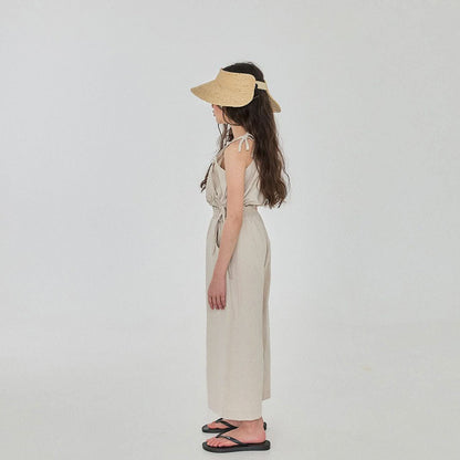 Girls Linen Balloon Halter Top and Wide Pants Set (3 - 6y) - Beige kids outfit