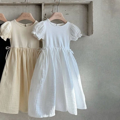 Girls Monbebe Puff Short Sleeve Dress with Tie Waist (1 - 8y) - 2 Colors kids outfit