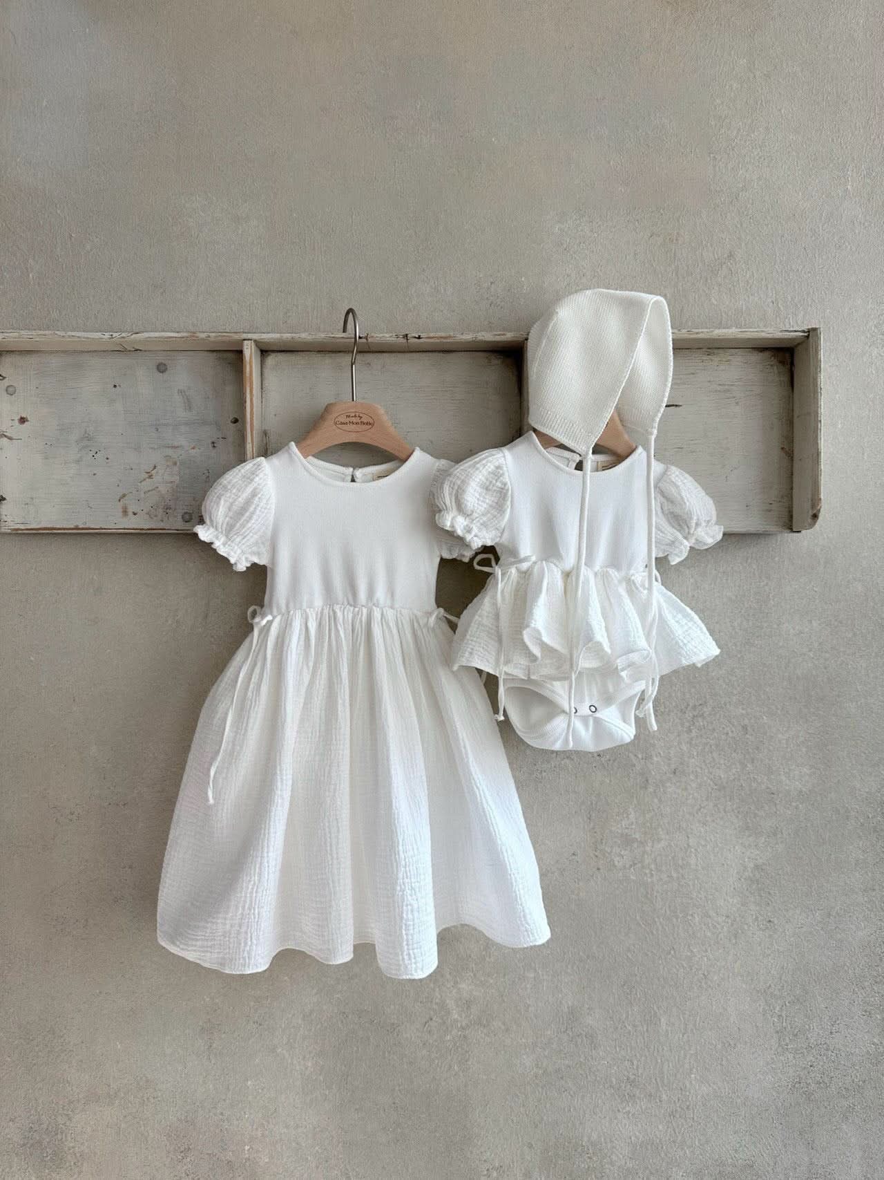 Girls Monbebe Puff Short Sleeve Dress with Tie Waist (1 - 8y) - 2 Colors kids outfit