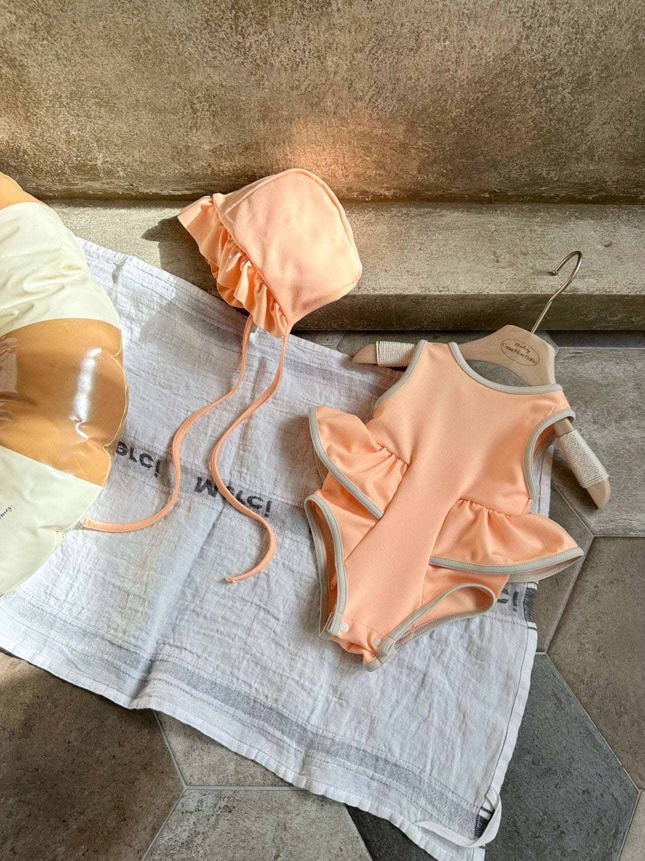 Girls Monbebe Tie Back Neon Frill One - Piece Swimsuit and Swim Hat Set (1 - 6yr) - Peach Orange kids outfit