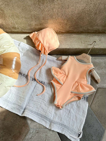 Girls Monbebe Tie Back Neon Frill One - Piece Swimsuit and Swim Hat Set (1 - 6yr) - Peach Orange kids outfit