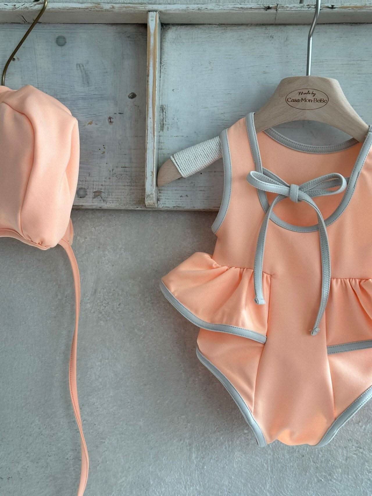 Girls Monbebe Tie Back Neon Frill One - Piece Swimsuit and Swim Hat Set (1 - 6yr) - Peach Orange kids outfit