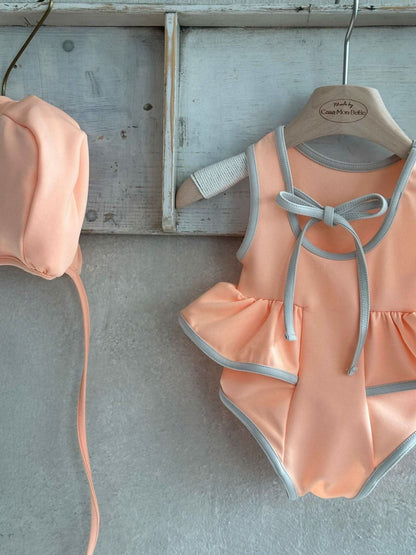 Girls Monbebe Tie Back Neon Frill One - Piece Swimsuit and Swim Hat Set (1 - 6yr) - Peach Orange kids outfit