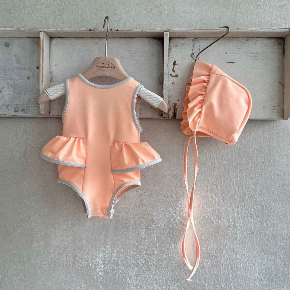 Girls Monbebe Tie Back Neon Frill One - Piece Swimsuit and Swim Hat Set (1 - 6yr) - Peach Orange kids outfit