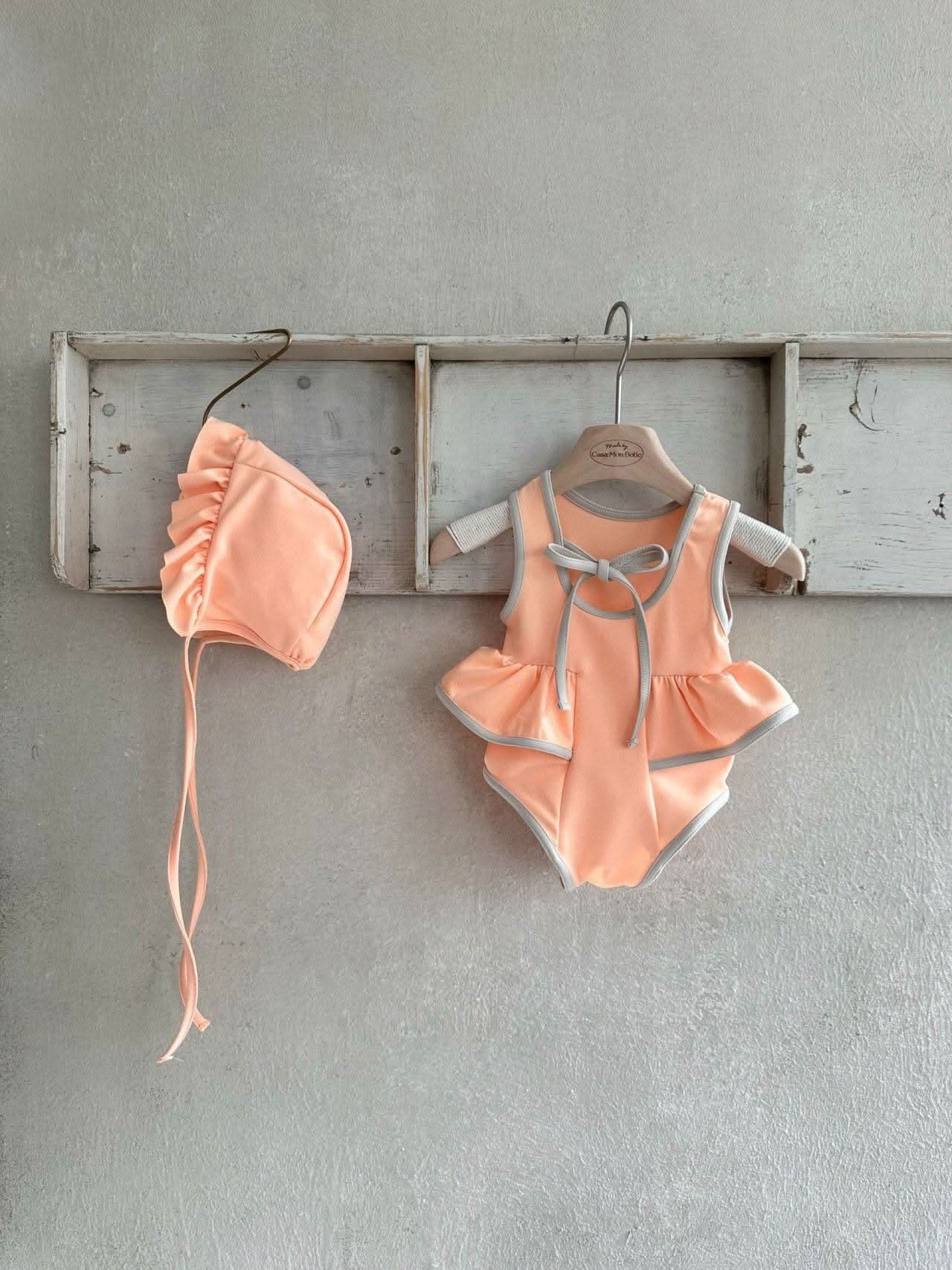Girls Monbebe Tie Back Neon Frill One - Piece Swimsuit and Swim Hat Set (1 - 6yr) - Peach Orange kids outfit
