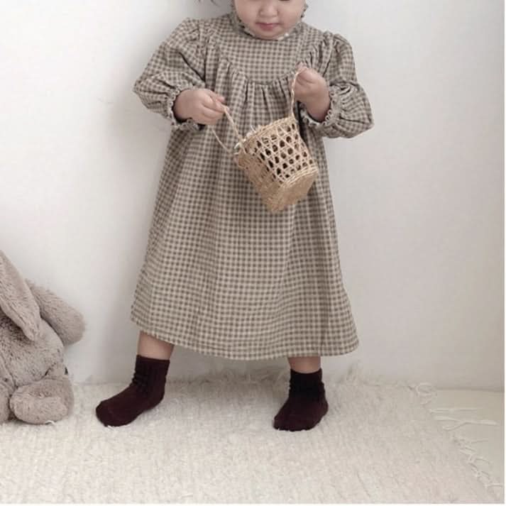 Girls Nunu Fleece - Lined Gingham Corduroy Dress (1 - 6y) - Beige kids outfit