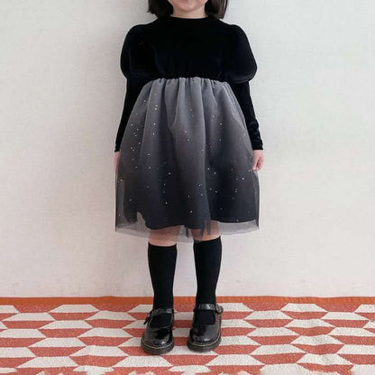 Girls Puff Sleeve Star Print Organza Dress (1 - 6y) - Black kids outfit