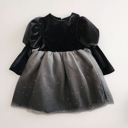 Girls Puff Sleeve Star Print Organza Dress (1 - 6y) - Black kids outfit