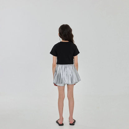 Girls Silver Bow Short Sleeve Cropped Top (3 - 6y) - Black kids outfit