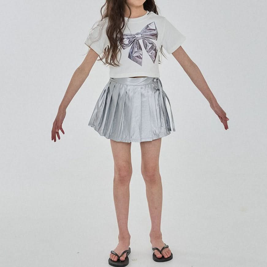 Girls Silver Bow Short Sleeve Cropped Top (3 - 6y) - Ivory kids outfit