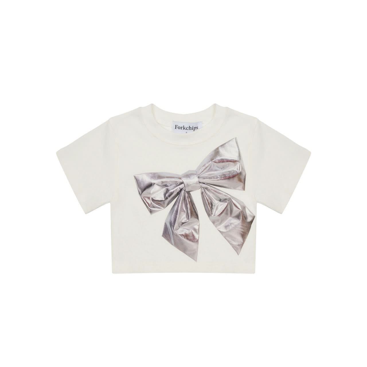 Girls Silver Bow Short Sleeve Cropped Top (3 - 6y) - Ivory kids outfit