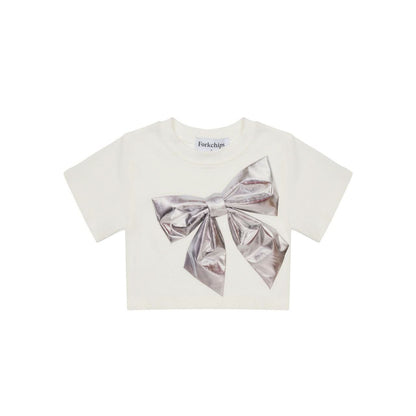 Girls Silver Bow Short Sleeve Cropped Top (3 - 6y) - Ivory kids outfit