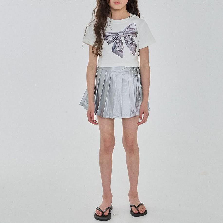 Girls Silver Bow Short Sleeve Cropped Top (3 - 6y) - Ivory kids outfit