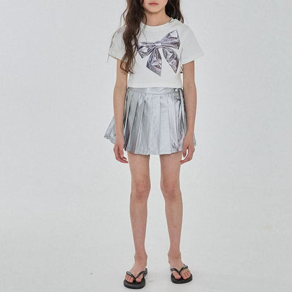 Girls Silver Bow Short Sleeve Cropped Top (3 - 6y) - Ivory kids outfit