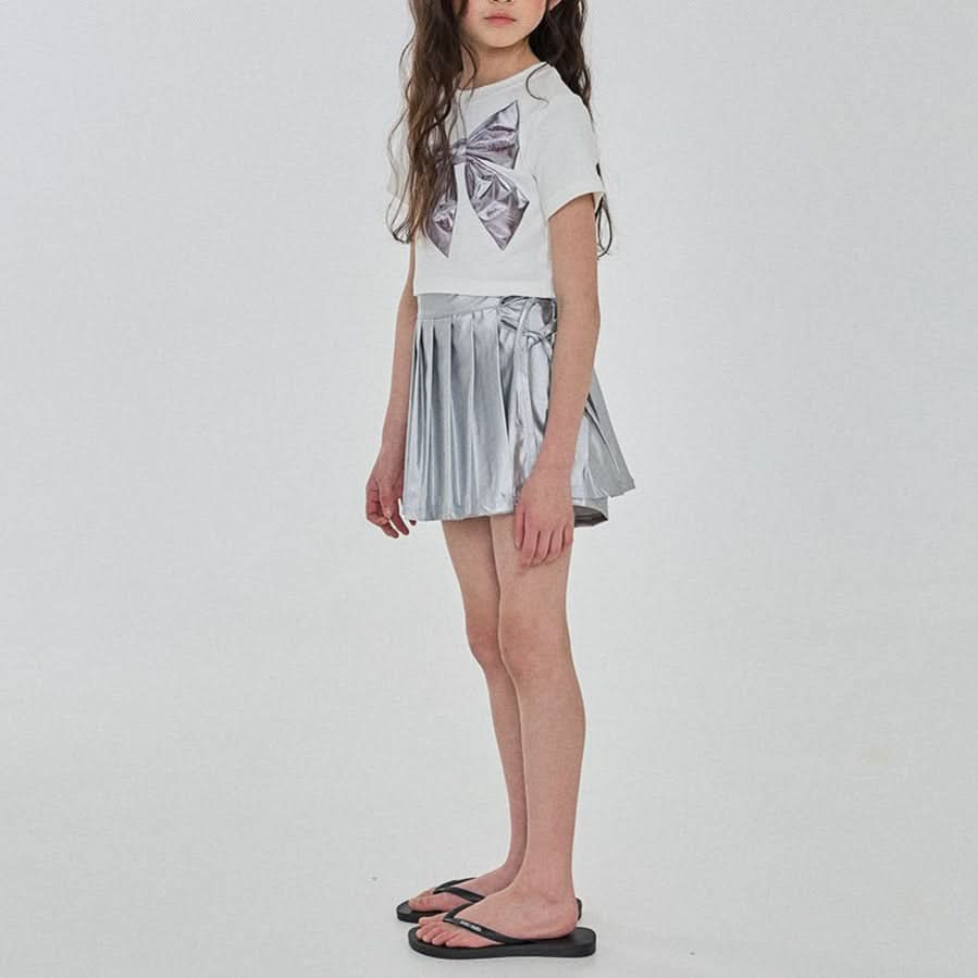 Girls Silver Bow Short Sleeve Cropped Top (3 - 6y) - Ivory kids outfit