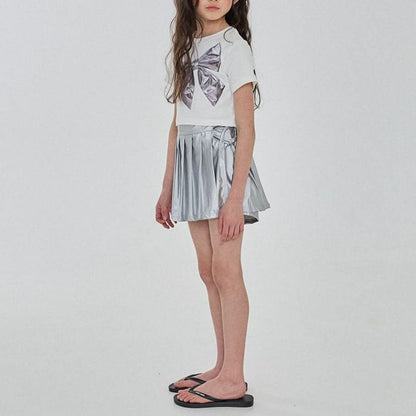 Girls Silver Bow Short Sleeve Cropped Top (3 - 6y) - Ivory kids outfit