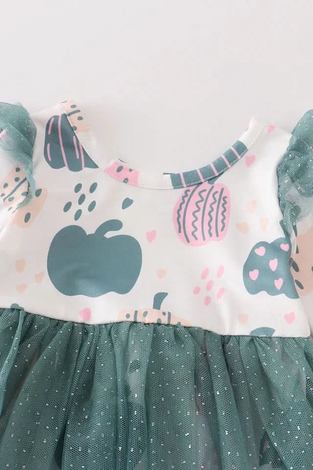 Green Pumpkin Print Ruffle Shoulder Tutu Romper (0 - 12m) - Green Pumpkin kids outfit