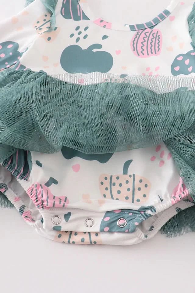 Green Pumpkin Print Ruffle Shoulder Tutu Romper (0 - 12m) - Green Pumpkin kids outfit