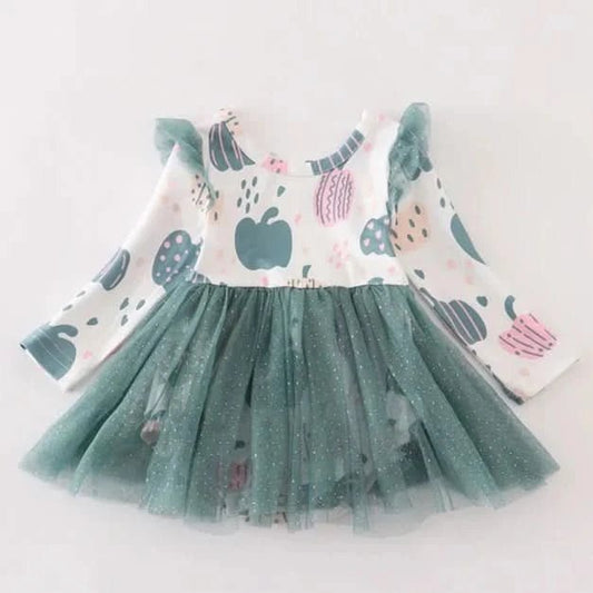 Green Pumpkin Print Ruffle Shoulder Tutu Romper (0 - 12m) - Green Pumpkin kids outfit