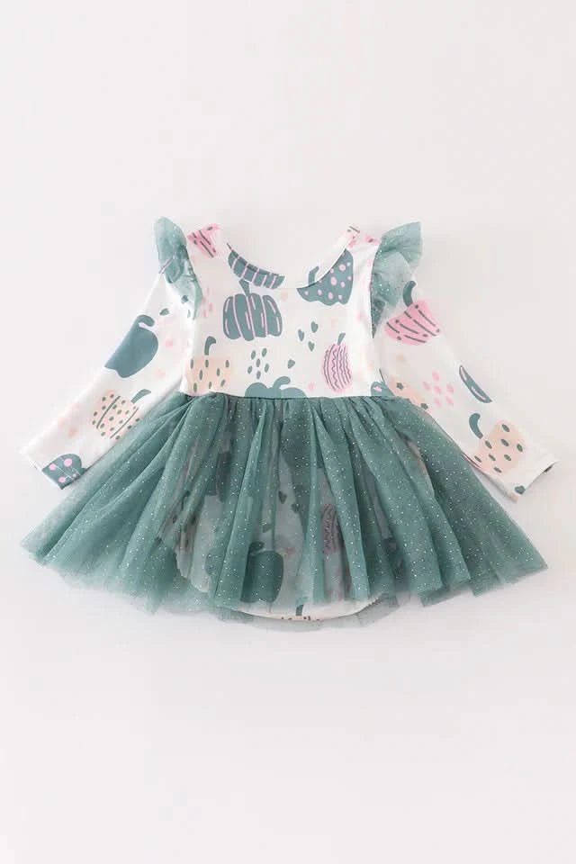Green Pumpkin Print Ruffle Shoulder Tutu Romper (0 - 12m) - Green Pumpkin kids outfit