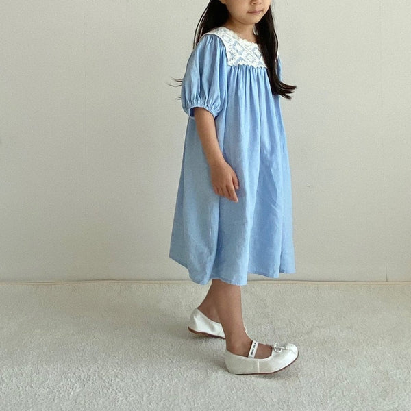 Toddler Lace Square Neck Linen Dress(2-6y) - 2 Colors
