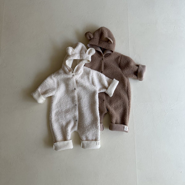 Baby Sherpa Bear Ear Hooded One-Piece Jumpsuit  (0-24m) - 2 Colors