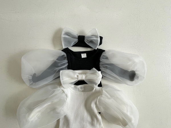 Baby Organza Puff Sleeve Rib Romper and Headband Set (3-12m) - Black