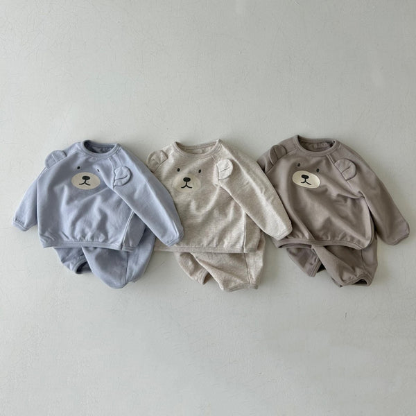 Baby Printed Bear Face 3D Ears Sweatshirt and 3/4 Pants Set (4-15m) - Blue