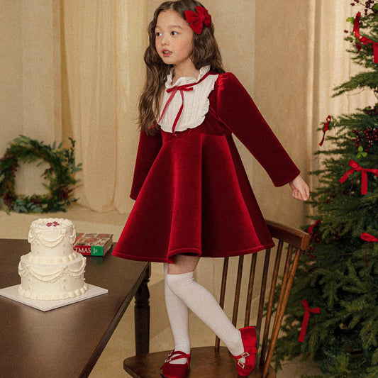 Girls Holiday Puff Sleeve Tie Neck  Dress (4-5y)- Red - AT NOON STORE