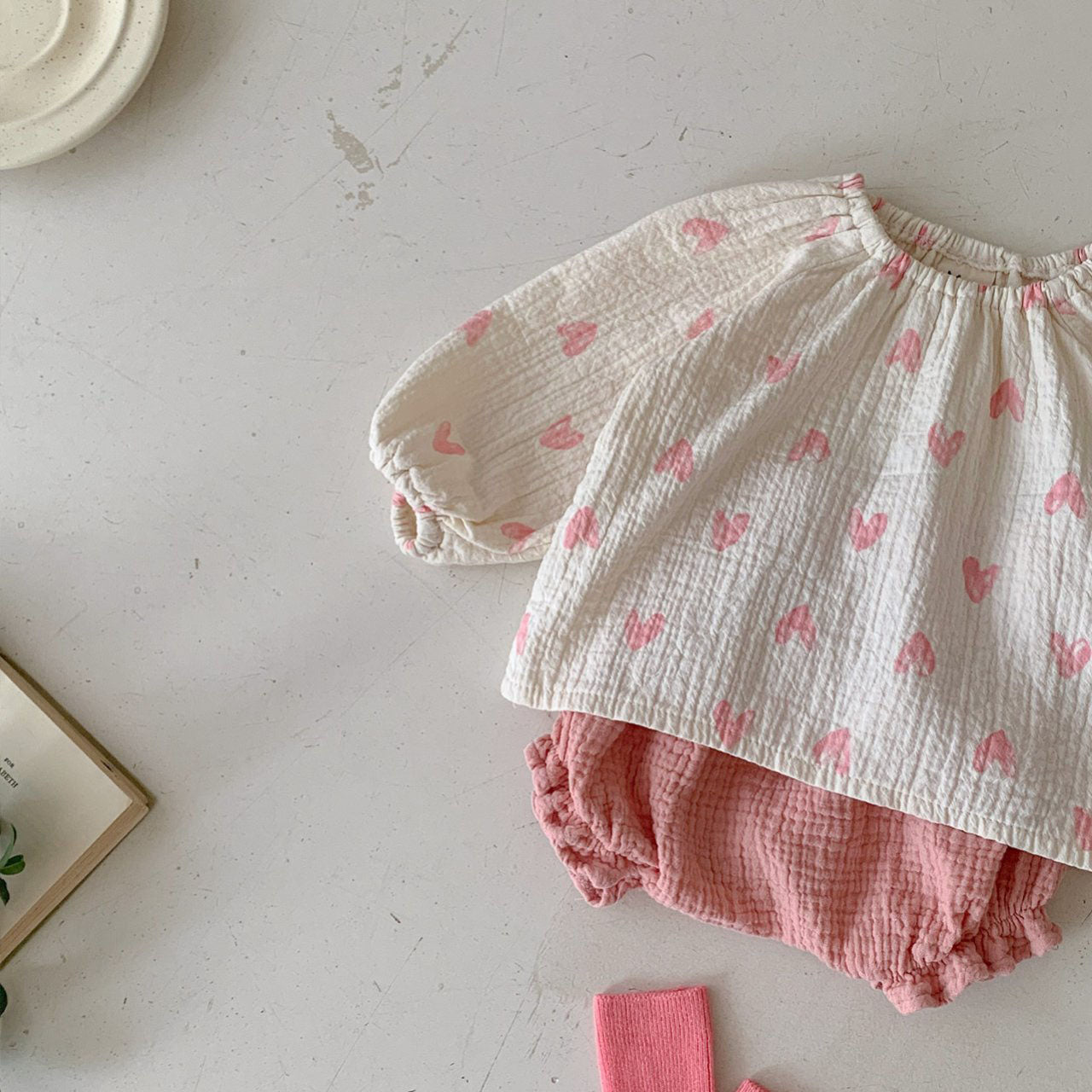 Baby Gauze Cotton Heart Print Top and Bloomer Set - Pink - AT NOON STORE