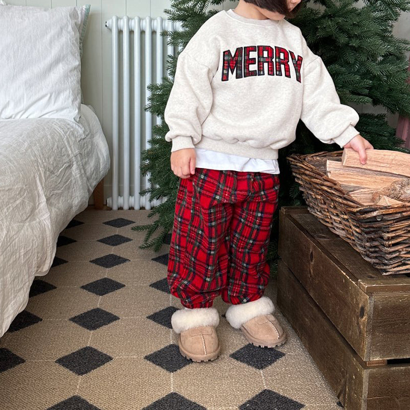 Toddler Merry Patch Embroidery Sweatshirt and Tartan Fleece Jogger Pants (6m-6y) - Red - AT NOON STORE