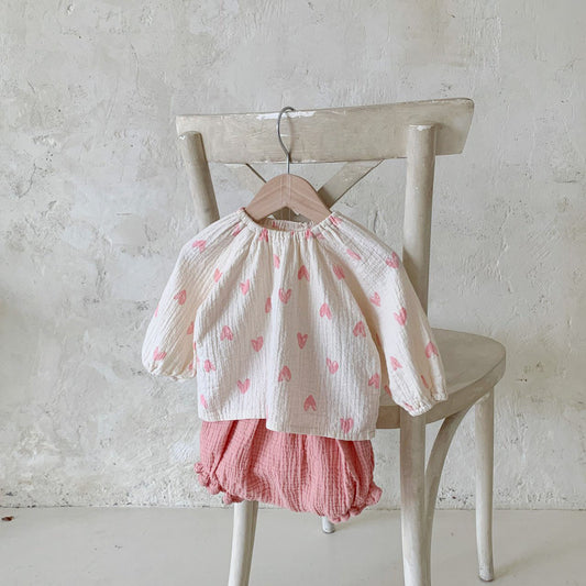 Baby Gauze Cotton Heart Print Top and Bloomer Set - Pink