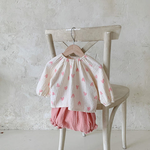 Baby Gauze Cotton Heart Print Top and Bloomer Set - Pink