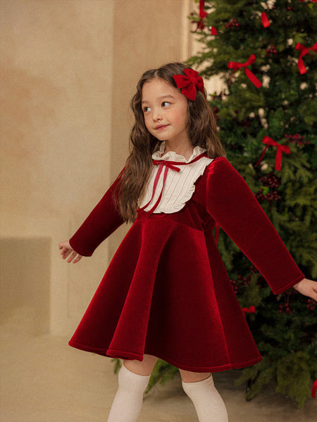 Girls Holiday Puff Sleeve Tie Neck  Dress (4-5y)- Red