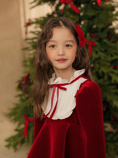 [PRE-ORDER] Girls Holiday Puff Sleeve Tie Neck  Dress (2-6y)- Red