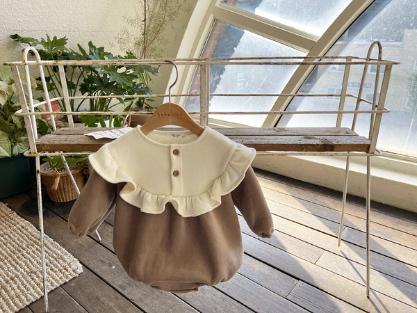 Baby Brushed Cotton Frill Collar Button Romper  (3-18m) - Mocha