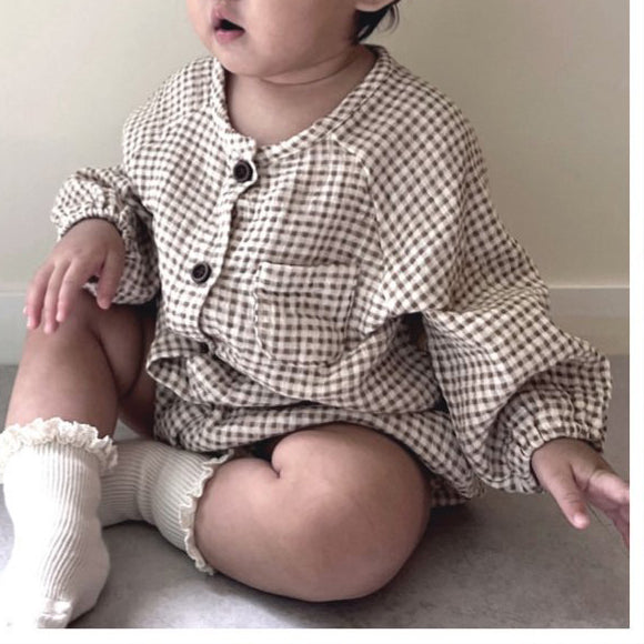 Baby Nunu Gingham Button Romper (3-18m)- Brown