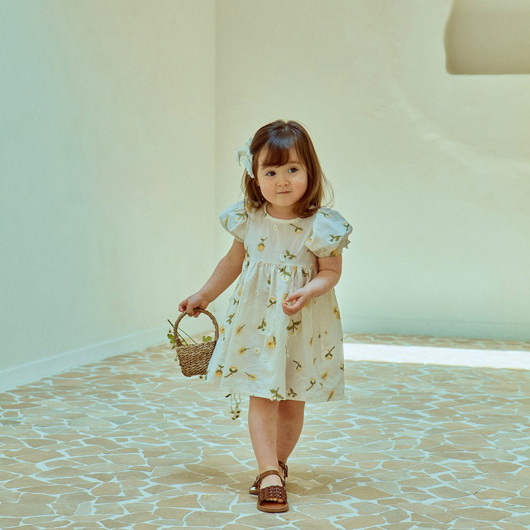 Toddler Milk Floral 3D Embroidery Short Sleeve Dress (1-6y) - Floral Ivory - AT NOON STORE