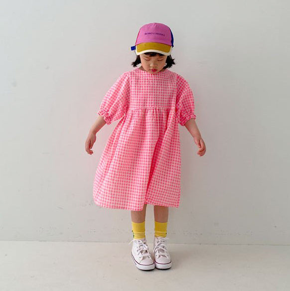 Toddler Short Puff Sleeve Seersucker Gingham Dress (1-5y) - Pink