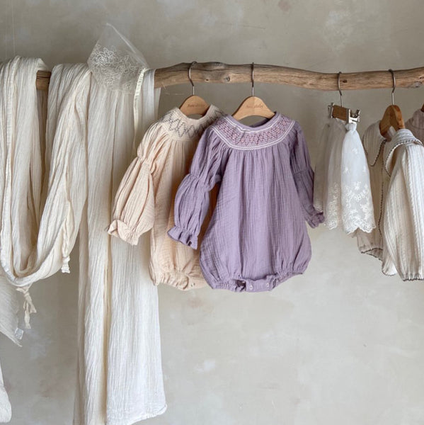 Baby Ann Smocked Neckline Long Sleeve Dress Romper (6-17m) - Lavender