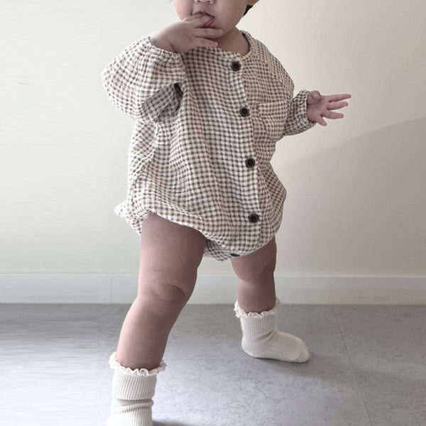 Baby Nunu Gingham Button Romper (3-18m)- Brown