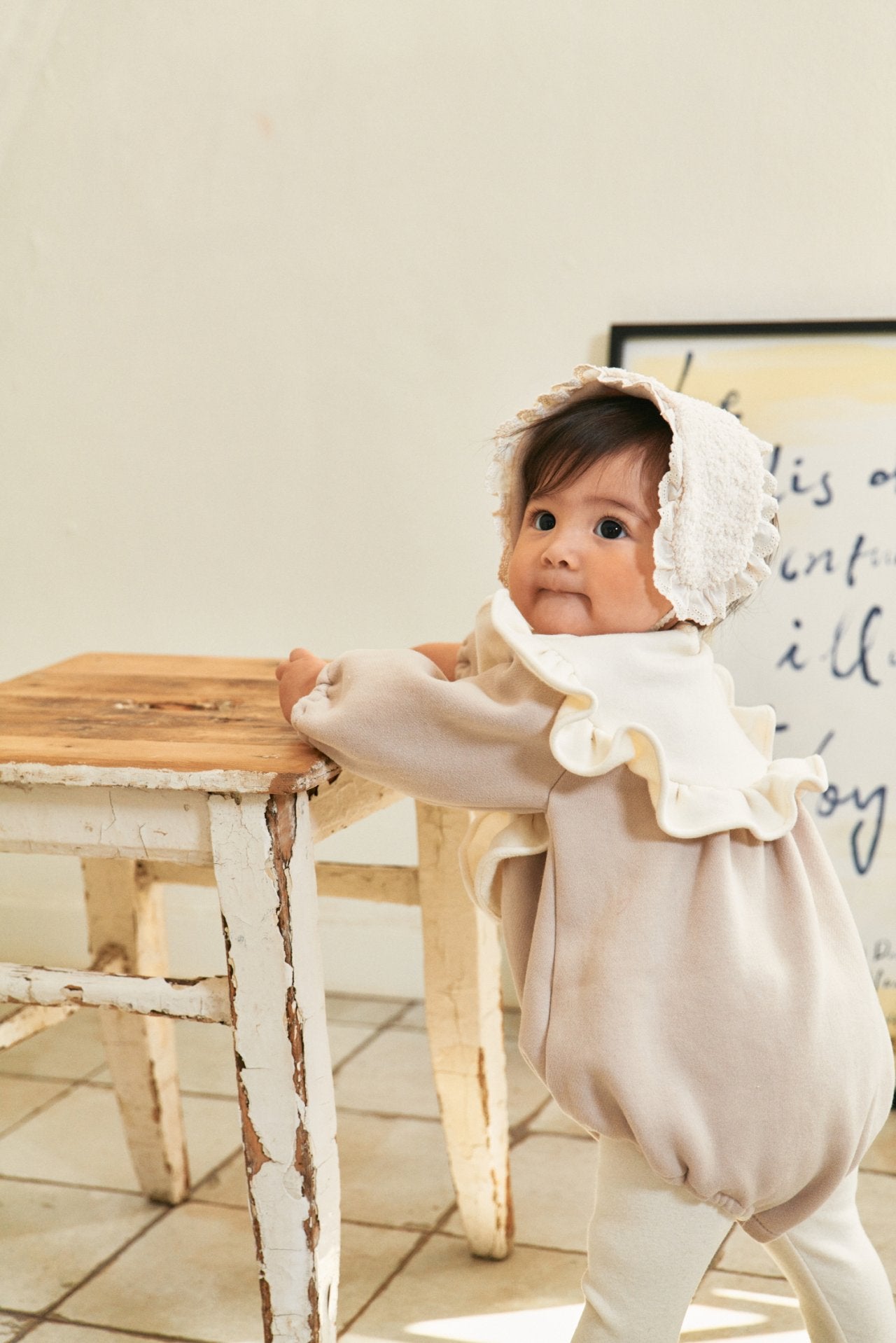 Baby Brushed Cotton Frill Collar Button Romper  (3-18m) - Beige - AT NOON STORE