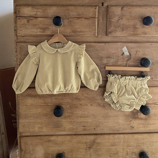 Baby Mon Corduroy Ruffle Shoulder Top and Bloomer Shorts Set  (6-22m) - Yellow Cream