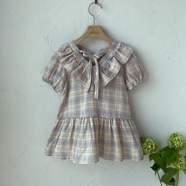 Toddler Milk Ruffle V-Neck Tie Back Dress (3m-5y)- Plaid