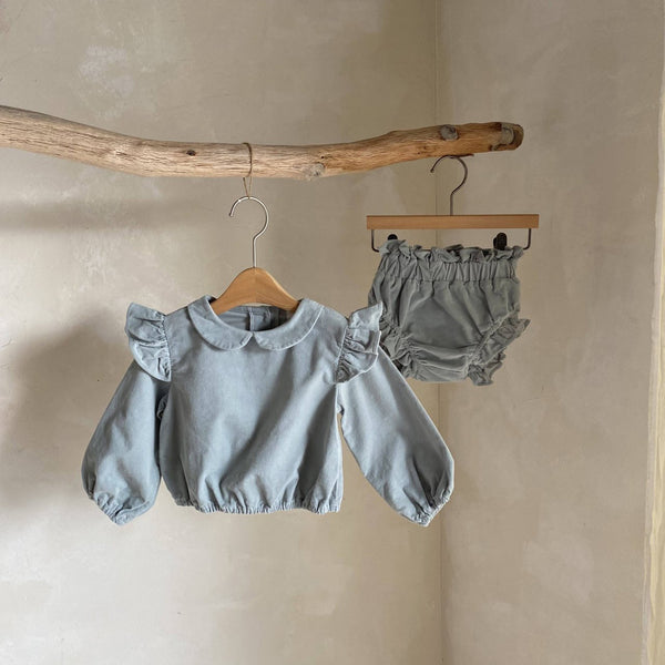 Baby Mon Corduroy Ruffle Shoulder Top and Bloomer Shorts Set  (6-22m) - Gray Blue