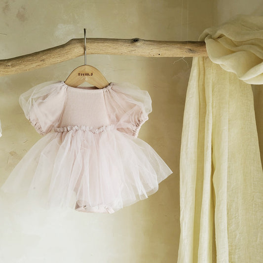 Baby Short Puff Sleeve Tutu Dress Romper (3-18m) - Dusty Rose - AT NOON STORE